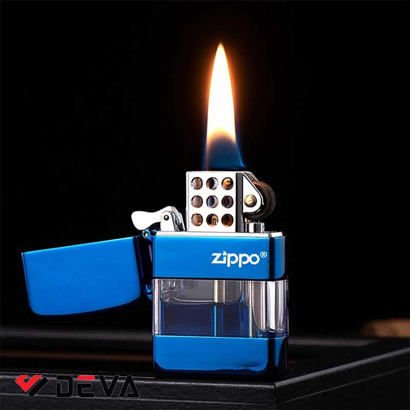 Mẫu bật lửa Zippo trong suốt / Bật lửa xăng đá lộ thiên Zippo / Zippo gas lộ thiên màu xanh dương