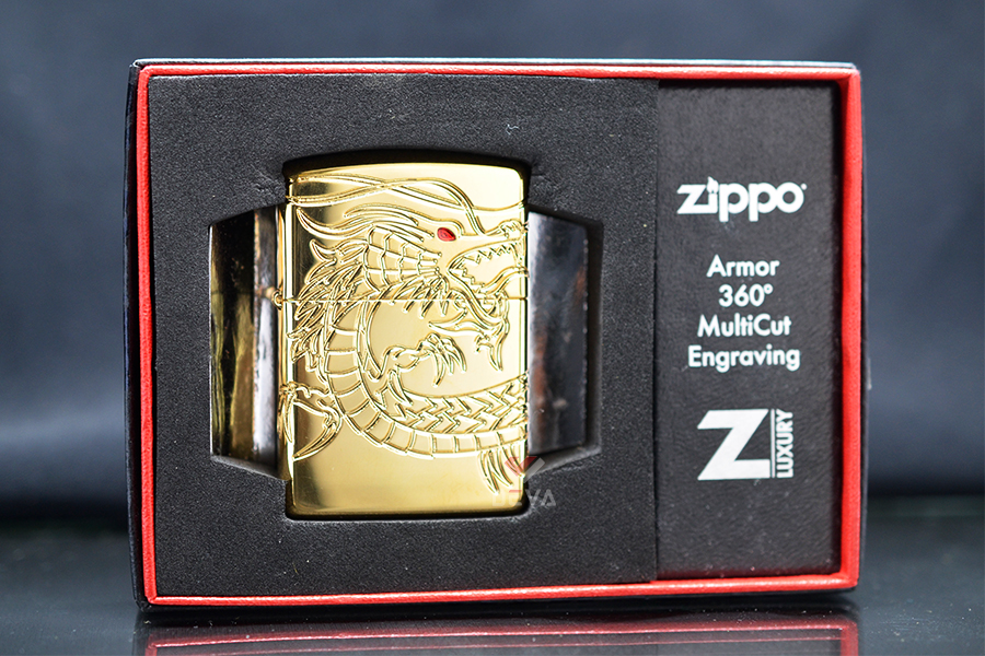 Zippo Armor khắc chìm rồng vàng mắt đỏ Red